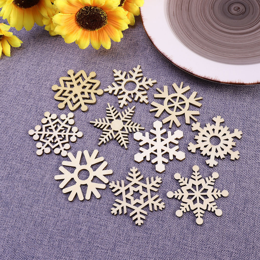 Christmas Craft Embellishment - ของตกแต่งต้นคริสต์มาส 10 ชิ้น งานฝีมือ DIY รูปเกล็ดหิมะไม้ฉลุลาย