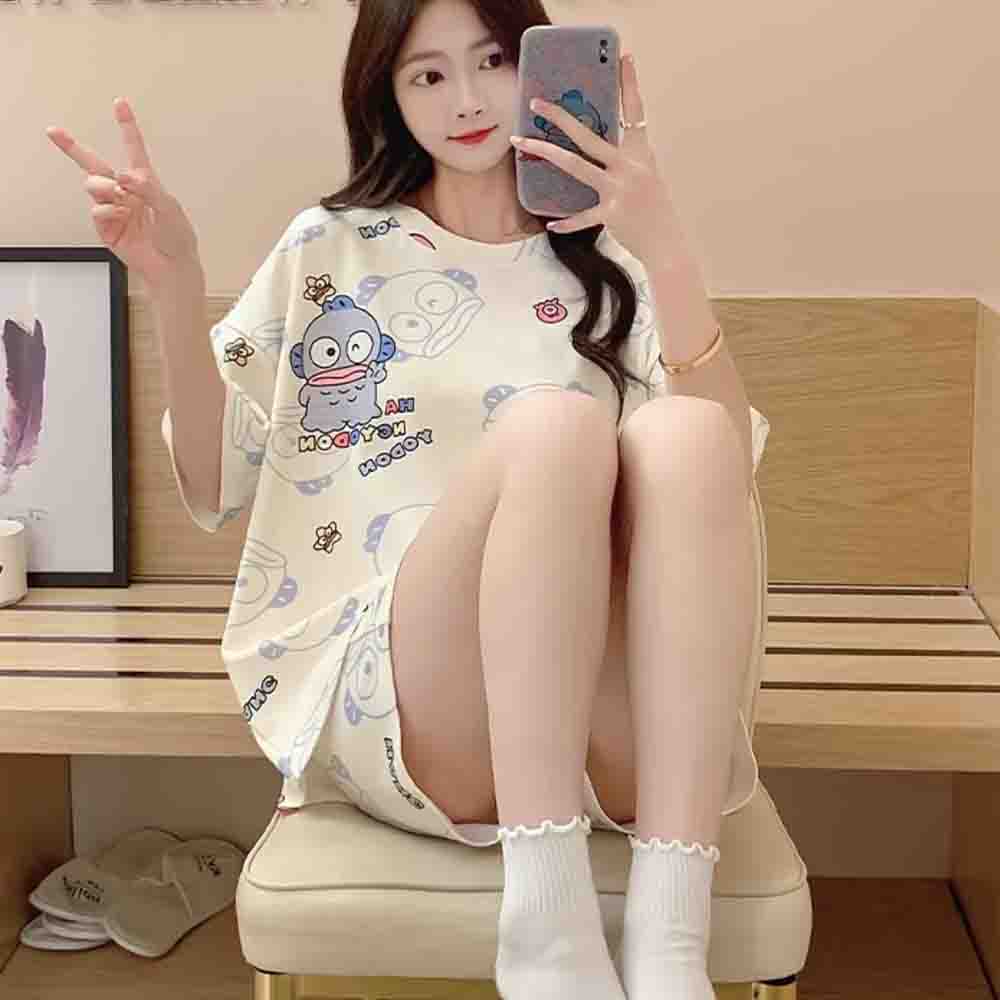 Embellish Knit - ซานริโอ ฮังโยดอนชุดนอนน่ารัก 2 ชิ้น Y2K กางเกงขาสั้นแขนสั้นชุดนอนฤดูร้อนการ์ตูนนุ่มสบายสวมใส่ในบ้าน