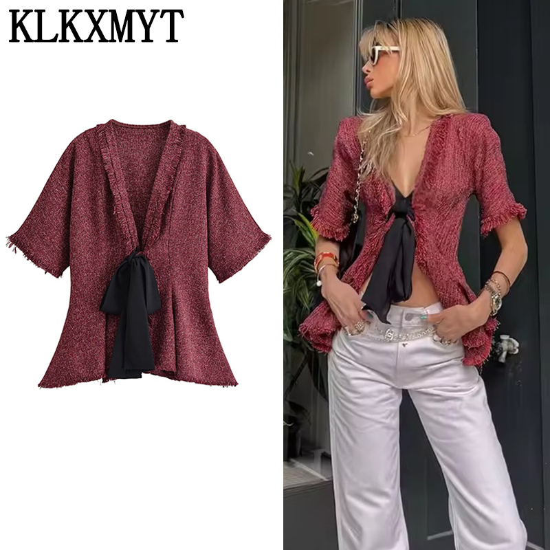 Tassel Fringe Trim - เสื้อเชิ้ตผู้หญิง KLKXMYT ดีไซน์หรูหรา แต่งเชือกผูก คอวีลึก แขนสั้น